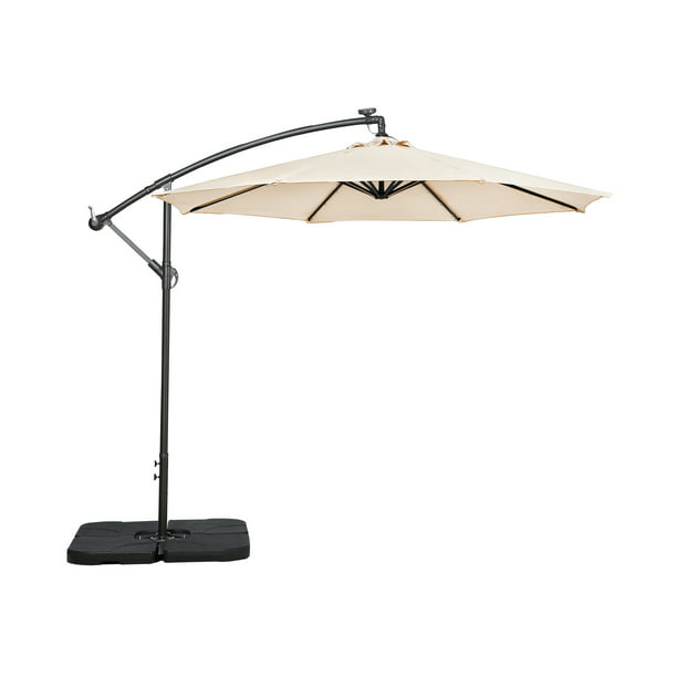 10 Ft Cantilever Hanging Patio Umbrella, Cantilever Outdoor Beige Umbrella With Lights And Speakers