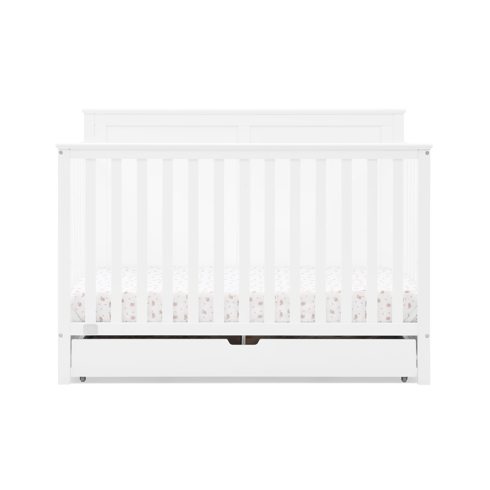 Simmons Kids Logan 6-in-1 Convertible Crib w/ Drawer, Greenguard Gold Certified, Converts to Toddler Bed, Daybed, Sofa & Full-Size Bed w/ & w/o Headboard, Fits Standard Crib Mattress, Bianca White