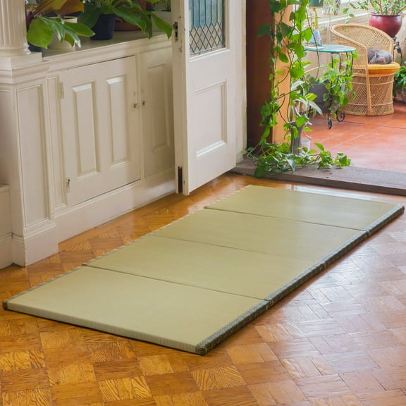 Oriental Furniture 6.5' x 3' Folding Rush Grass Tatami Mat - Jade Brocade