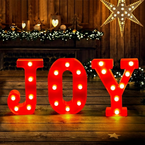 Christmas Decor-Christmas Decorations Indoor-3 LED Marquee Light Up Letters Sign Joy Christmas Lights for Xmas Home Kitchen Fireplace Tabletop Party Decoration