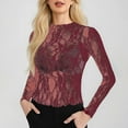 thumbnail image 2 of Womens Tops Dressy Casual Long Sleeve Shirts Mesh Neck Sheer Blouse See Through Floral Lace Basic T Shirts For Women Purple XXL, 2 of 5