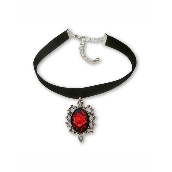 Gothic Red Rose Cameo Black Velvet Choker Adjustable Size Cosplay Jewelry by Real Metal CH-604