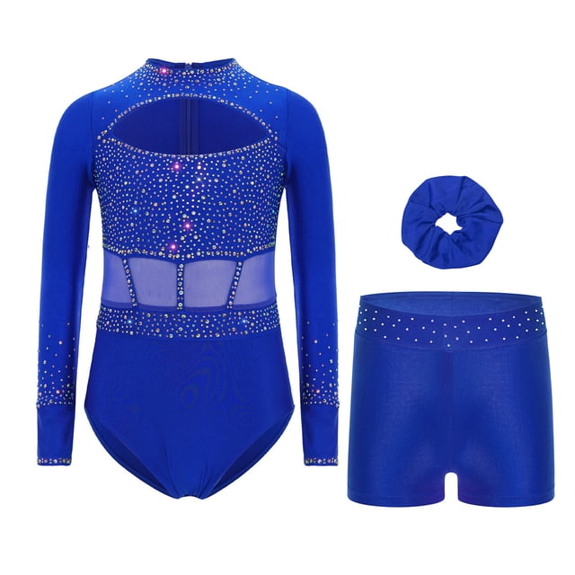 Runhomal Kids Girls Shiny Rhinestone Long Sleeve Gymnastic Leotard Ballet Tumbling Dance Unitard with Shorts Set Royal Blue 16