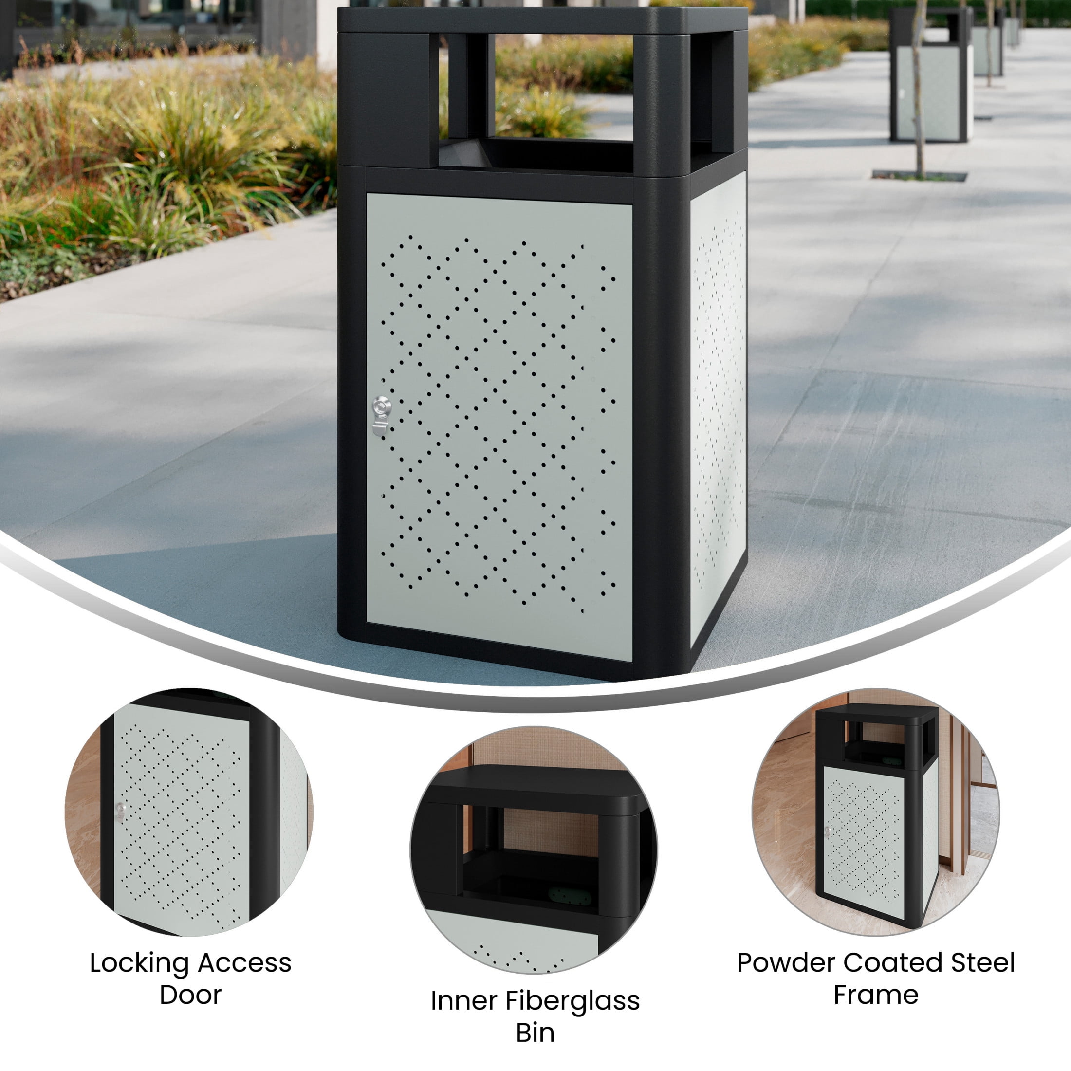 Flash Furniture Brooks Steel Indoor-Outdoor Trash Can with Locking Access Door 31.4 Gallon