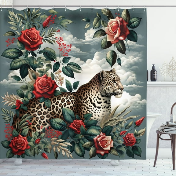 Ambesonne Leopard Shower Curtain, Roses Wild Animal on Clouds, 69"Wx70"L, Grey Teal and Scarlet