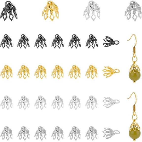 64 Pcs 4 Colors Brass Bead Cap Bails 8mm Flower Filigree Bead Caps Bail End with Loops End Caps Toppers Golden Spacer Beads Caps for Earrings Bracelets Necklaces Ornament DIY colorful
