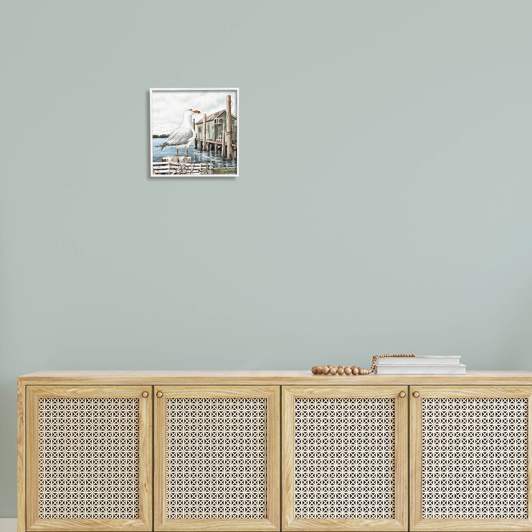 Coastal Seagull Perched Dock Marina Animals & Insects Painting White Framed Art Print Wall Art