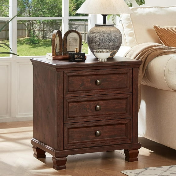 Farmhouse Nightstand with 3 Drawers, Rustic Couch End Table with 4 Square Solid Wood Legs, Mid-Century Modern Bed Side Table with Storage, Small Dresser for Bedroom, Living Room, Walnut