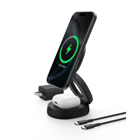 Cargador inalámbrico Belkin MagSafe 2 en 1 Qi2 de 15 W, negro