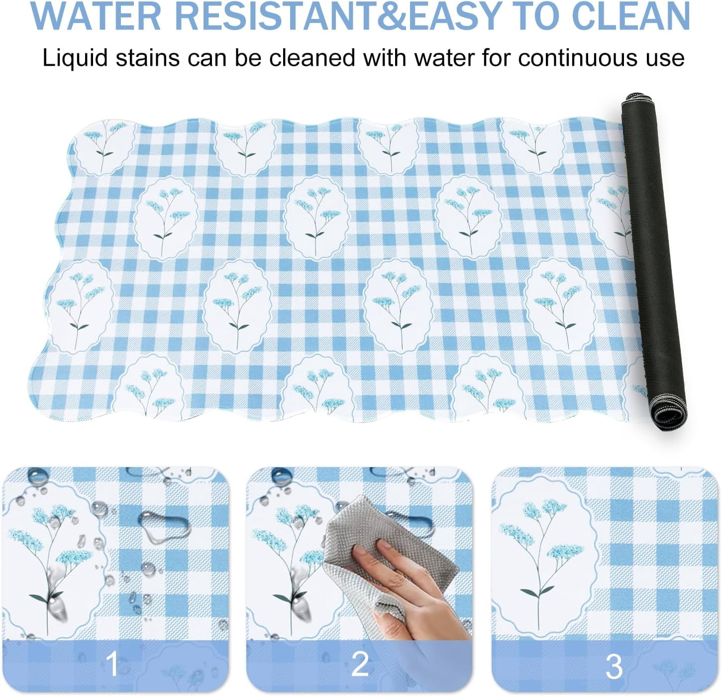 Blue Mouse Pad,Checkered Floral Desk Mat XXL Large Scalloped Cottagecore Gaming Mousepad,35.4x15.7in Non-Slip Rustic Keyboard Pad Desktop Mat for Laptop Computer Game Home Office