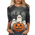 thumbnail image 2 of Shihyeh Women Halloween Jackolantern Print Blouse V Neck 3/4 Sleeve Flare Sleeve Button Front Dressy Casual Top for Adult, 2 of 4
