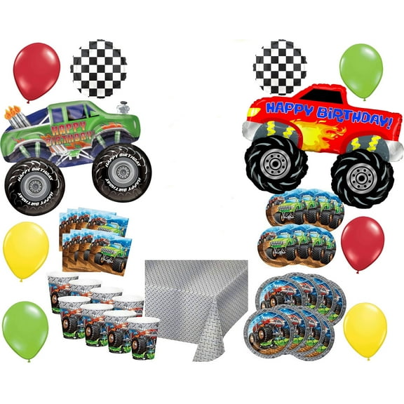Monster Truck Rally Birthday Party Supplies 16 Guest Decoration Kit with Green and Red Monster Truck Balloon Bouquet