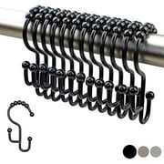 Stepped Black Shower Curtain Hooks Rings - Premium 18/8 Stainless Steel Double Hooks with Easy Glide Rollers - Set of 12