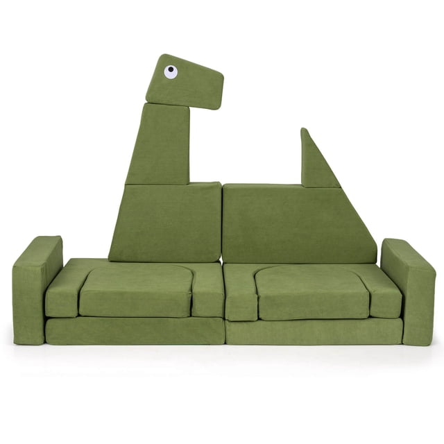 Costway Canapé Modulable pour Enfants de 13 Pcs à Thème Dinosaure, Fabriqué en Tissu Velours Vert et Mousse à Haute Densité. Cet Ensemble Multifonctionnel Comprend des Pièces Modulaires Pouvant Être Configurées en Formes comme un sofa Ou une Figurine de Dinosaure, Favorisant la Créativité et le Jeu Actif. Chaque Coussin Comprend une Housse Amovible et Lavable pour Plus de Commodité. Conçu pour les Enfants de 3 Ans et Plus, Il Est Parfait pour les Chambres, les Salles de Jeux Ou les Aires de Vie.