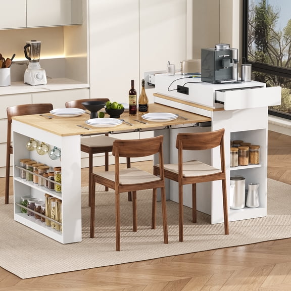 MODERNLUXE Extendable Dining Table with Folding Tabletop, Kitchen Island with Wheels,Hooks,Drawers and Power Outlet, Bar Table with Storage for Kitchen, Dining Room,White