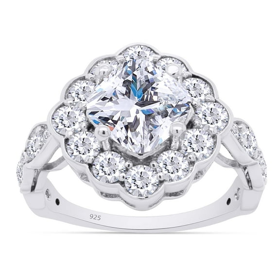 3 Carat Center 6.5MM Cushion Cut Lab Created Moissanite Diamond Cushion Halo Engagement Ring For Women In 14K White Gold Over Sterling Silver(G-H Color, VVS1 Clarity 3Cttw) Size - 4