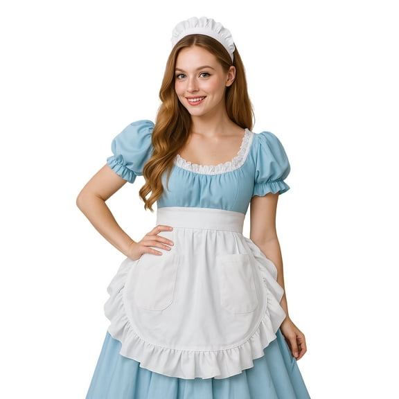 Aspire Waist Apron with Headband, White Half Apron with Ruffle Edge with Pockets, Cotton Maid Costume for Cosplay, Baking - M