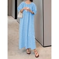 thumbnail image 3 of sicmoss Women's Blue Cotton Striped Gingham Swing Dress Crew Neck Loose Fit Midi Lantern Sleeve, 3 of 7