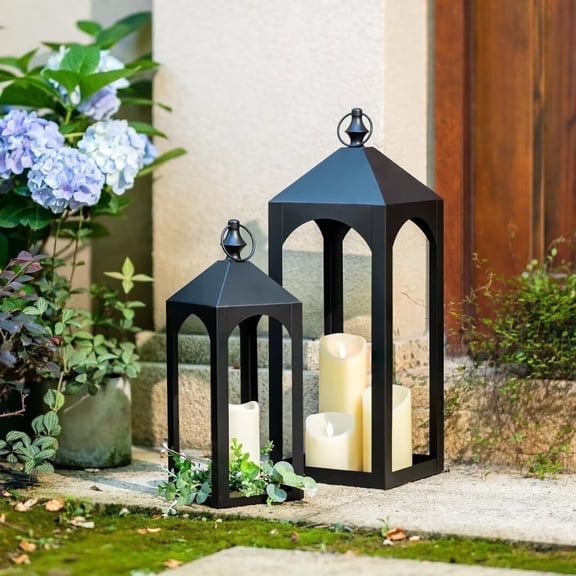 Nuptio Tall Black Lanterns Decorative Indoor for Pillar Candle Holder , Indoor Outdoor Lanterns for Porch & Patio ,17" & 23" Set of 2 ,No Glass M L