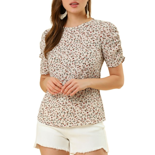 INSPIRE CHIC Haut Floral Élégant à Manches Courtes Froncées Coupe Régulière pour Femmes Beige Rouge TG