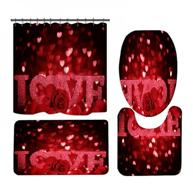 50% de Réduction! Nouveau Rideau de Douche d'Impression Numérique 3D de Saint Valentin Set de 4 Pièces pour la Décoration de Fête à la Maison