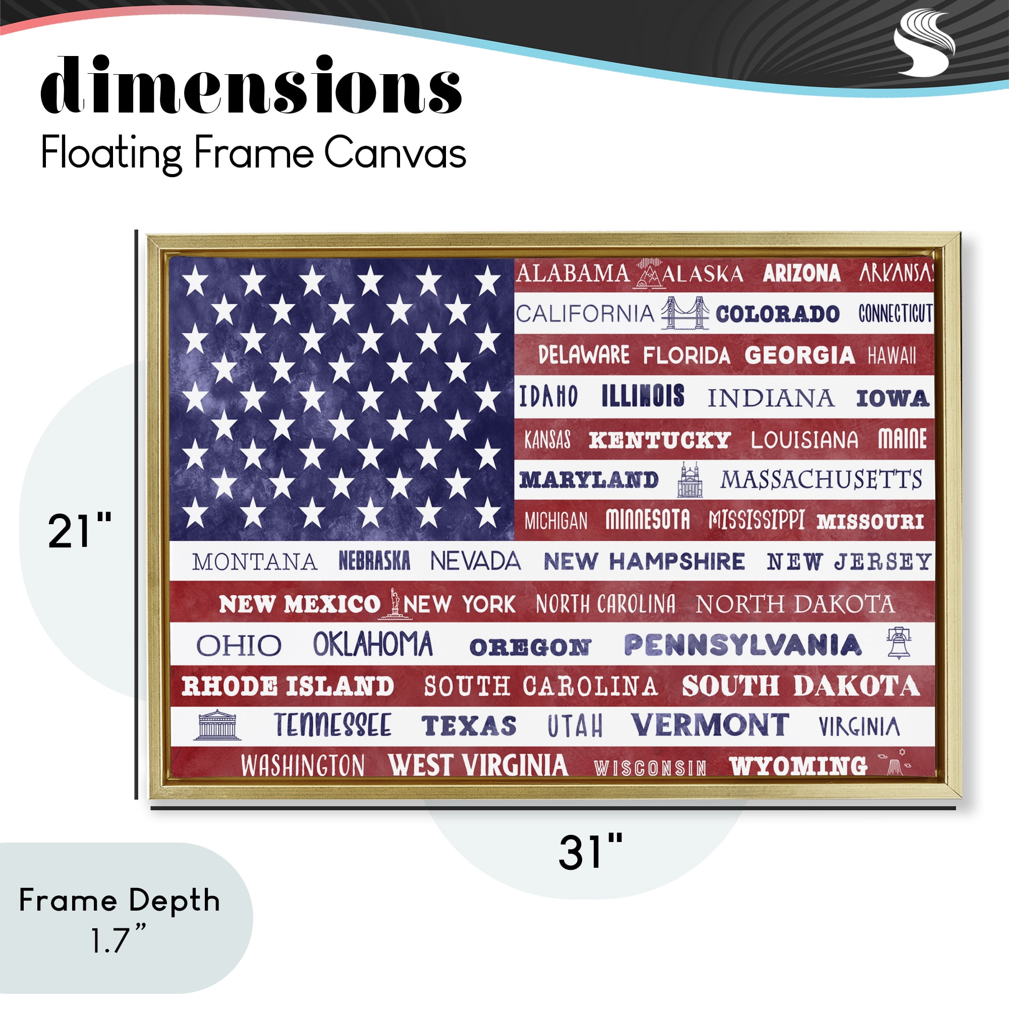Stupell Industries States Of America Flag Gold Framed Floater Canvas Wall Art, design by Daniela Santiago