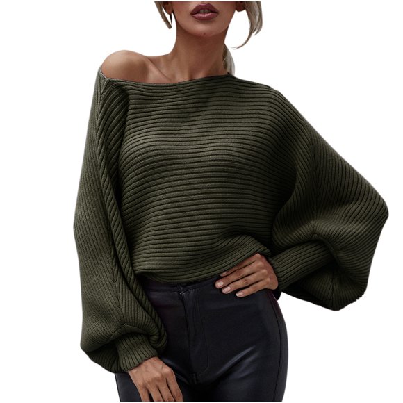 QUYUON Cotton Sweaters for Women Off the Shoulder Sweaters - Casual Cuff Sleeve Ribbed Knit Long Sleeve Pullover Sweaters Tops Winter Warm Knit Jumper Sweatshirts Blouse Shirts Army Green XL