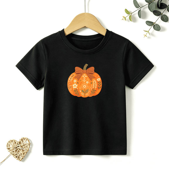 Girls Graphic Tees Floral Pumpkin Bow Kids T Shirt Fall Harvest 100% Cotton Short Sleeve Soft Tops 4-13Y