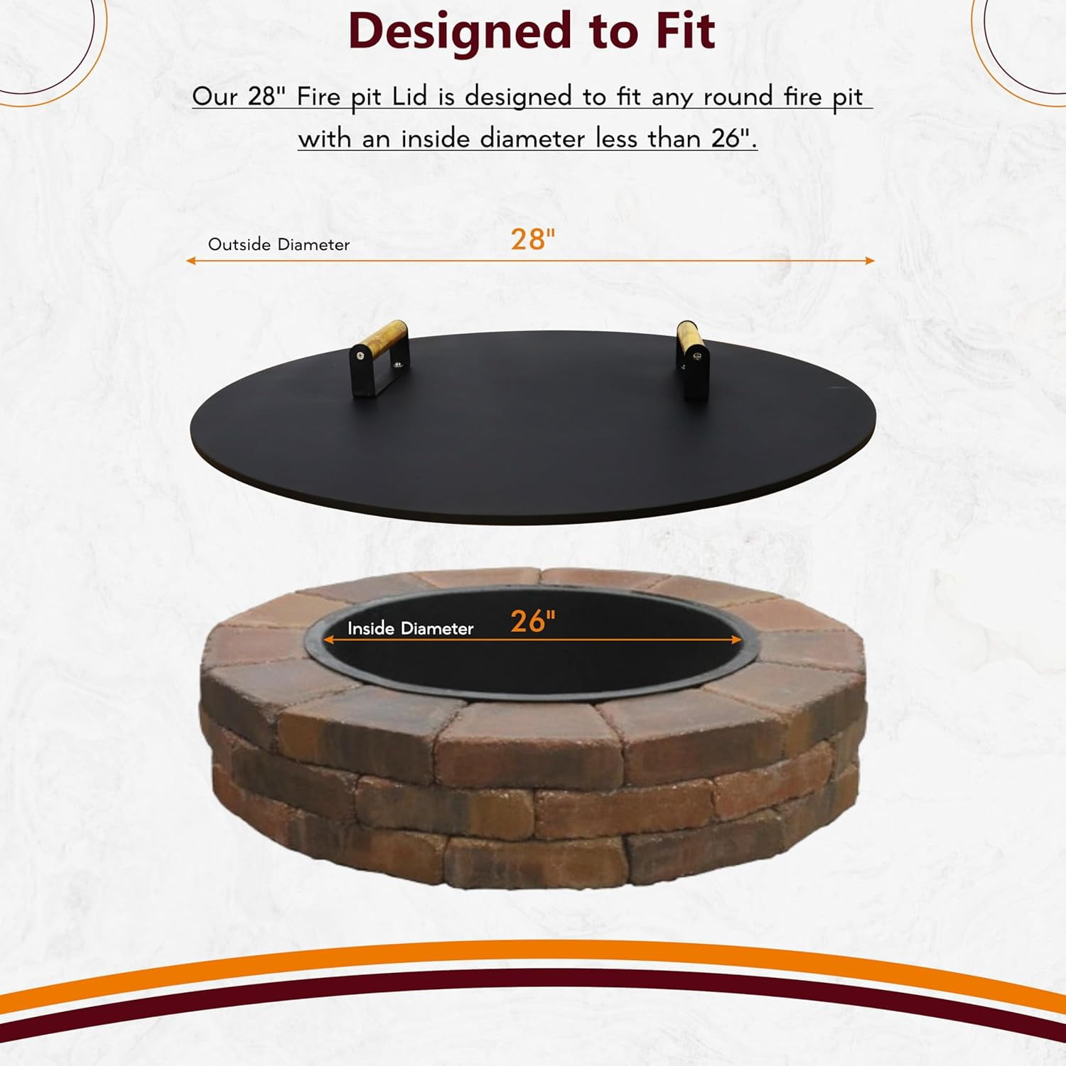 Round Fire Pit Lid - 28 inch fire pit cover Metal with Wooden Handles - Fits for Bonfire Pits or Propane Fire Pit Fire Tables