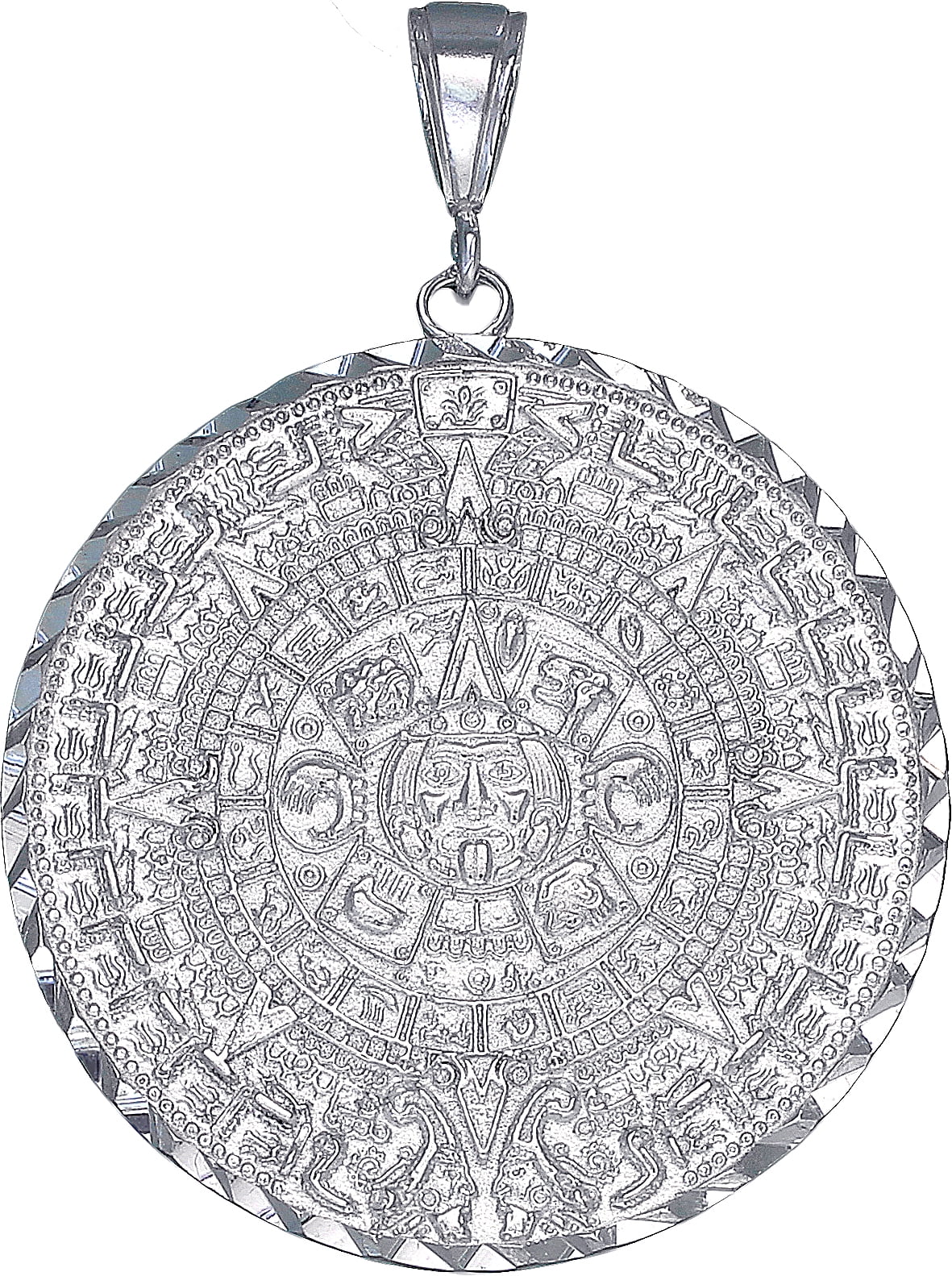 Choice of Necklace Length 10K White Gold Round Aztec Mayan Calendar Charm Pendant Necklace with Rolo Chain