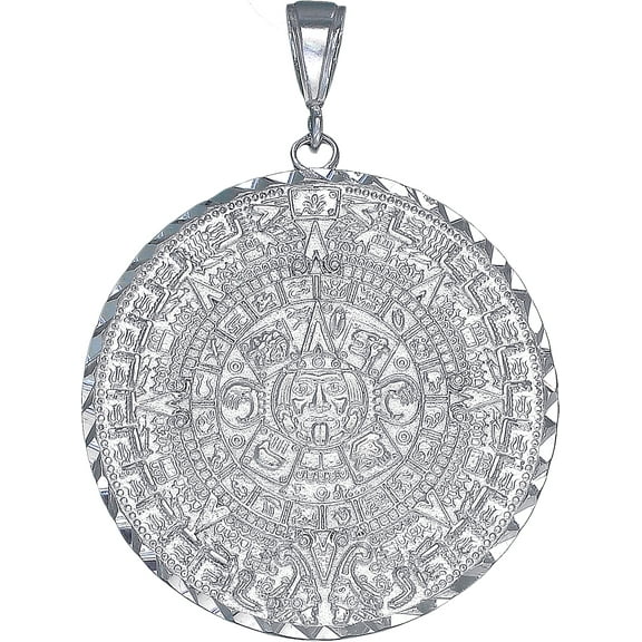 Sterling Silver Aztec Calendar Mayan Sun Charm Pendant Necklace with Diamond Cut Finish and 24 Inch Figaro Chain