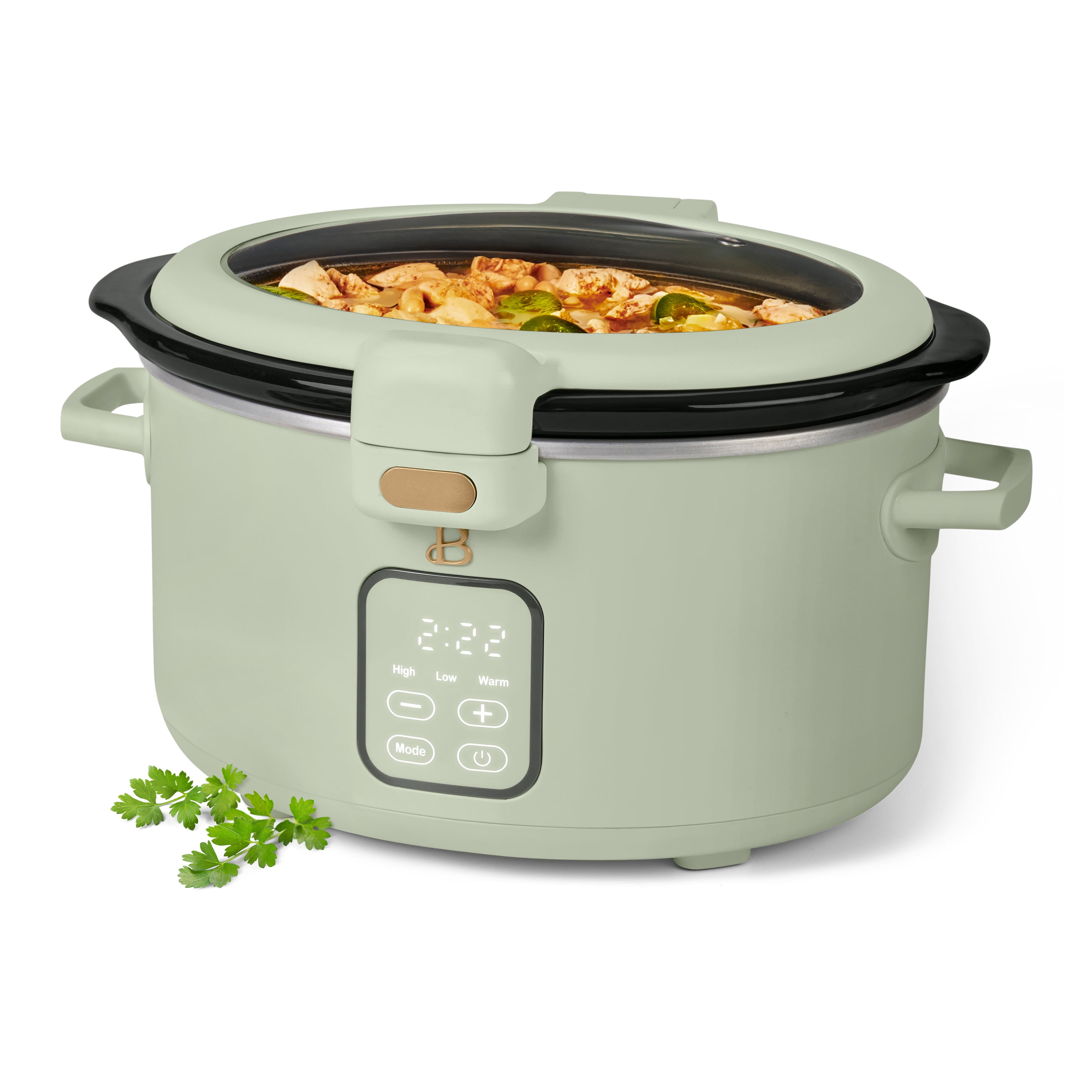 Beautiful 4 Qt Digital Slow Cooker with Hinged Locking Lid, Sage Green by Drew Barrymore