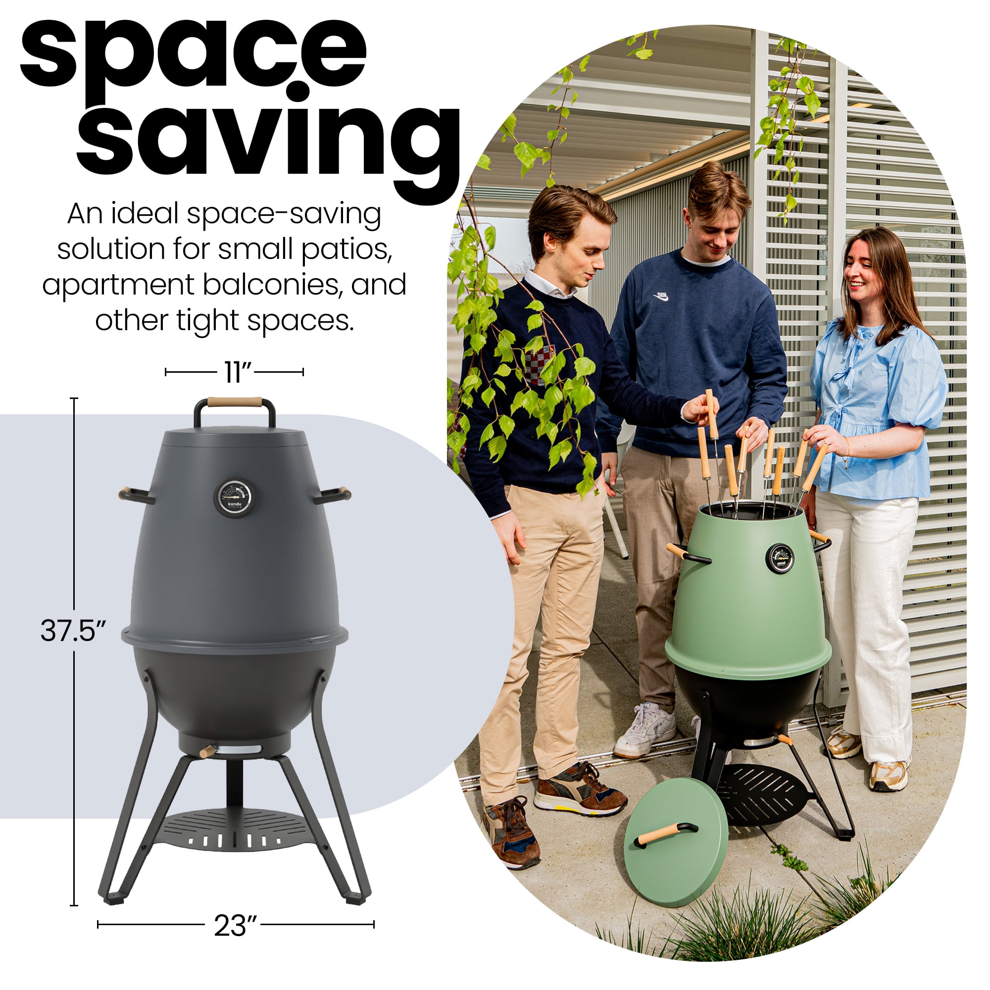 Kandu Outdoor Charcoal Oven Grill, Jungle Green – Cooks from All Directions, Space Saving, Includes 8 Skewers, Up to 750 Degrees – Quick Vertical Cooking Locks in Flavor, Nutrients & Moisture