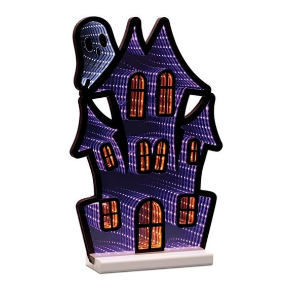 Melrose 53549DS 16 in. Acrylic UL Plug Haunted House with Ghost Ekkolight, Purple, Black & Orange