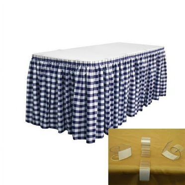 LA Linen Polyester Gingham Checkered Table Skirt 14-Foot by 29-Inch Long with 10 L-Clips, White and Navy
