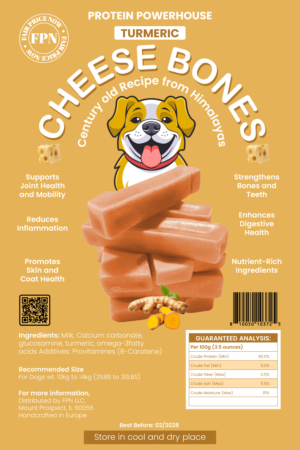 FPN Cheese Dog Chew Turmeric Himalayan Yak – Long Lasting Natural Dog Chews for Aggressive Chewers – High Protein Cow Milk Alternative Healthy Dental Dog Treat – Made in Belgium (Small)