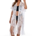 thumbnail image 6 of Women's Lace Crochet Beach Cover Up with Tassel Drawstring Tie Waist Open Front Midi Kaftan Sheer Floral Lace Cardigan Swimsuit Coverups White One Size, 6 of 9