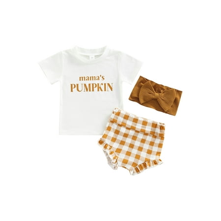 

Ma&Baby Baby Girl Halloween Outfit Mama s Pumpkin T-Shirt Top Plaid Shorts Headband Set