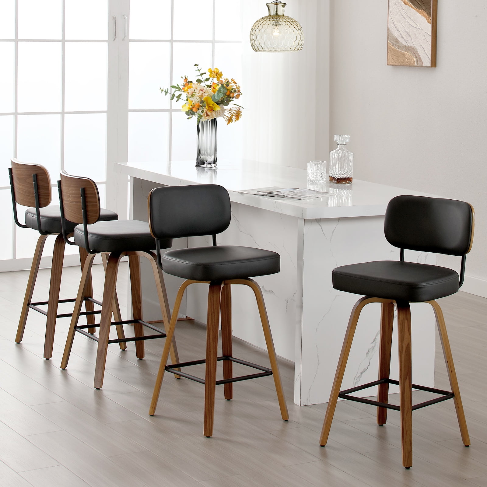 Swivel Counter Height Bar Stools, Set of 4, 26" Upholstered PU Leather Barstools with Back Wood Legs, Mid Century Modern Bar Chair Island Stool for Kitchen Counter, Black