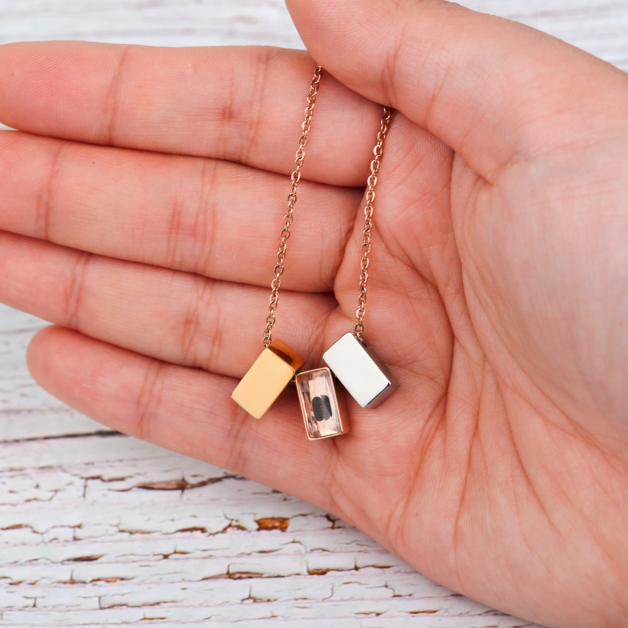 Anavia See You Cremation Necklace for Ashes, Mini See Through Urn Necklace, Mini Cube Cremation Pendant, Cremation Jewelry, Memorial Jewelry, Mini Urn w/ Multicolor Cubes-[Gold & Rose Gold & Silver]