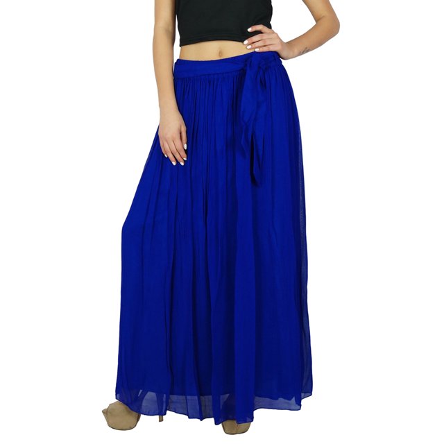 Bimba Jupe Longue Maxi Bleue pour Femmes Style Tulipe Bas Boho en Georgette