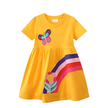 

BSDHBS Girls Dresses Summer New Flower Rainbow Small and Medium Children s Clothing Knitted Cotton Short Sleeved Princess Dress Children s Dress