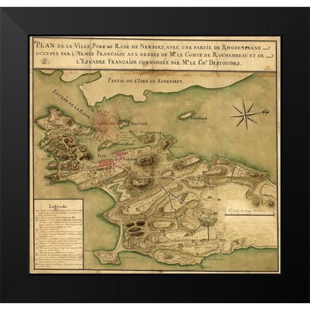 Vintage Maps 12x12 Black Modern Framed Museum Art Print Titled - Newport fortifications fields of fire and positions of French naval vessels 1779