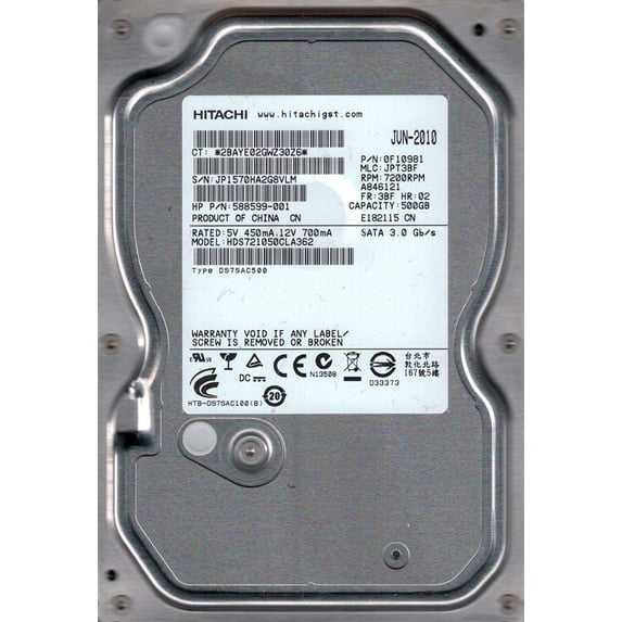 Hitachi HDS721050CLA362 P/N: 0F10981 MLC: JPT3BF 500GB