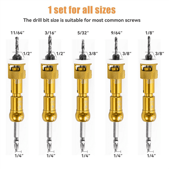 5pcs Countersink Drill Bit Set with 1/4in Release HexShank,Adjustable Woodworking Drill Bit Set for Carpentry Screw Hole