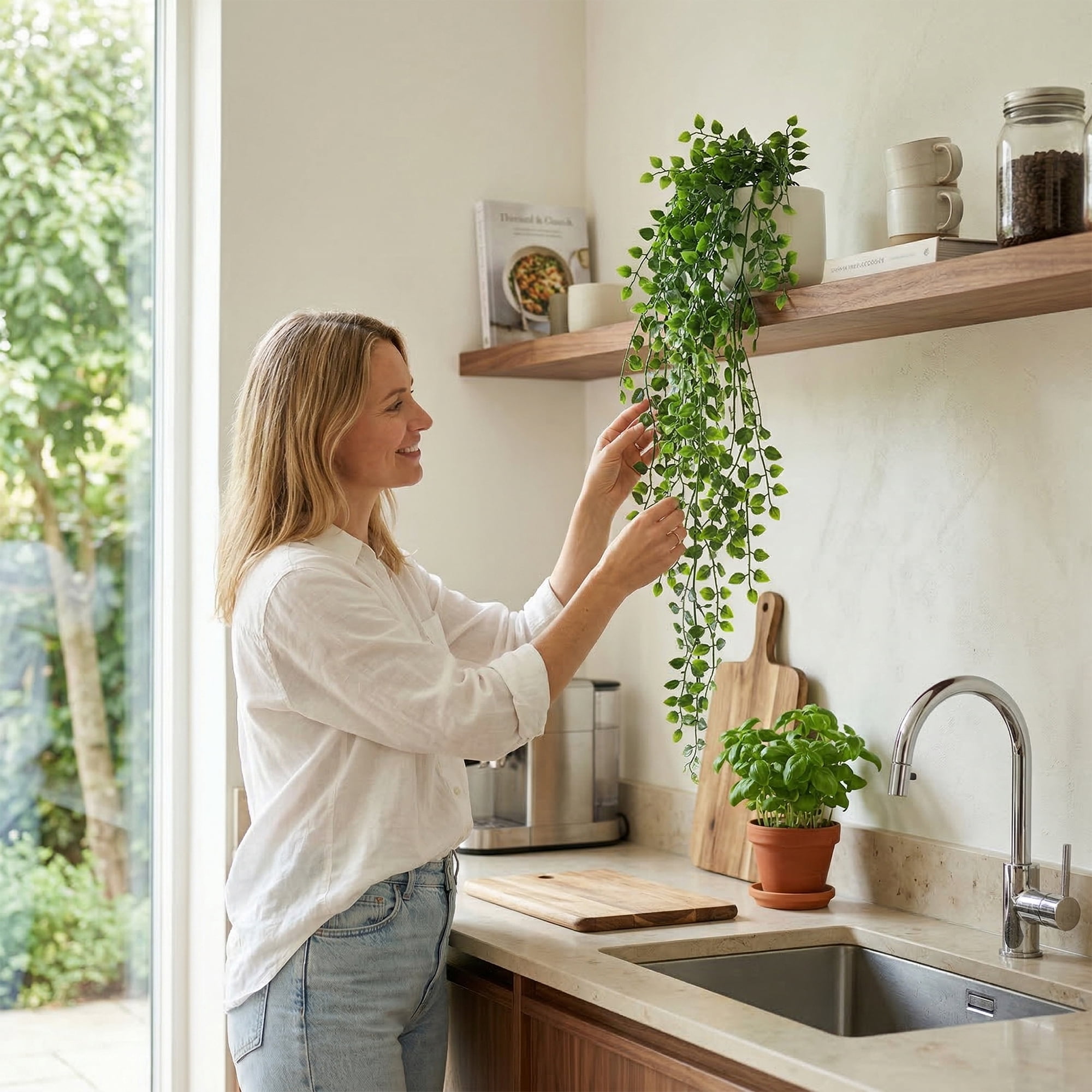 Unique Bargains Artificial Hanging Plants Faux Eucalyptus for Decor Five-Pronged Ivy