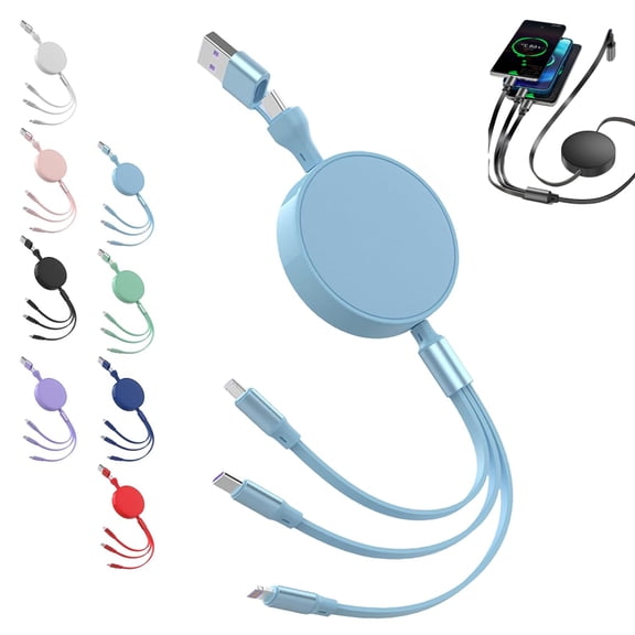 6 in 1 - Retractable Cables with Fast Charge Adapter, 6 in 1 Retractable Charger, 6-in-1 Retractables Cable with Fast Charge Adapter, 𝟔 𝐈𝐧 𝟏 𝐑𝐞𝐭𝐫𝐚𝐜𝐭𝐚𝐛𝐥𝐞 Charging Cable (Blue)