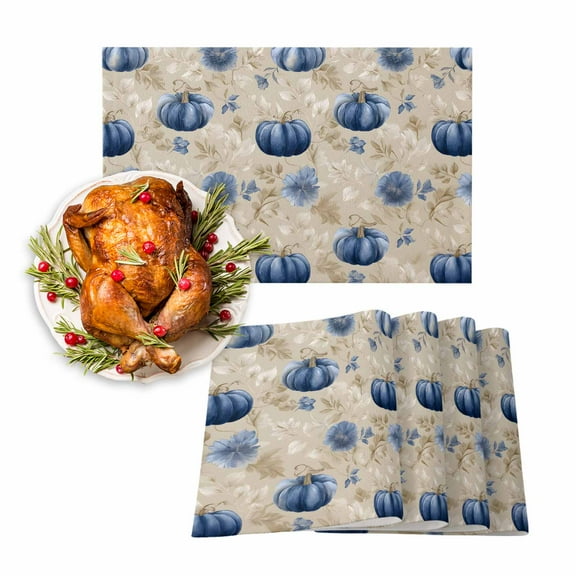 Fall Placemats Set of 6 Blue Pumpkin Place Mats Thanksgiving Placemat Vintage Floral Autumn Maple Leaf Table Mats for Dining Kitchen Table Holiday Dinner Party Home Fall Decorations 13x19 Inch