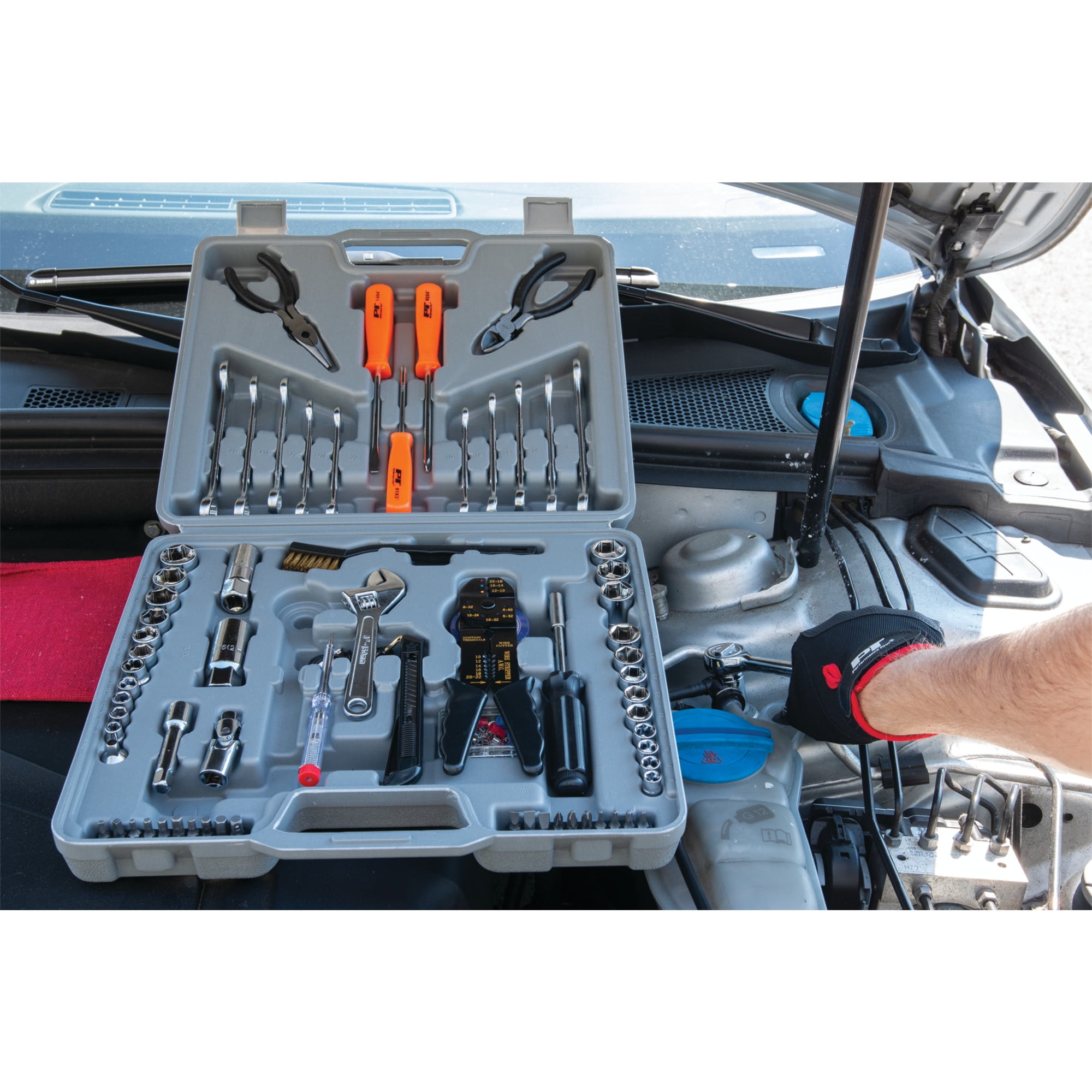 Performance Tool W1193 SAE/Metric Multi-Use Tool Set, General Household Hand Tools, Auto Repair Tool Set, with Plastic Toolbox Storage Case, Gray, 119-Pieces