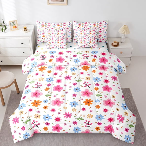 7 Pieces Pink Floral Twin Size Comforter Set Blue Orange Flower Bedding Comforter Sets, Girly Dreamy Bedding Set Colorful Polka Dots Reversible Bed in a Bag, Botanical Plants Bedding Sets
